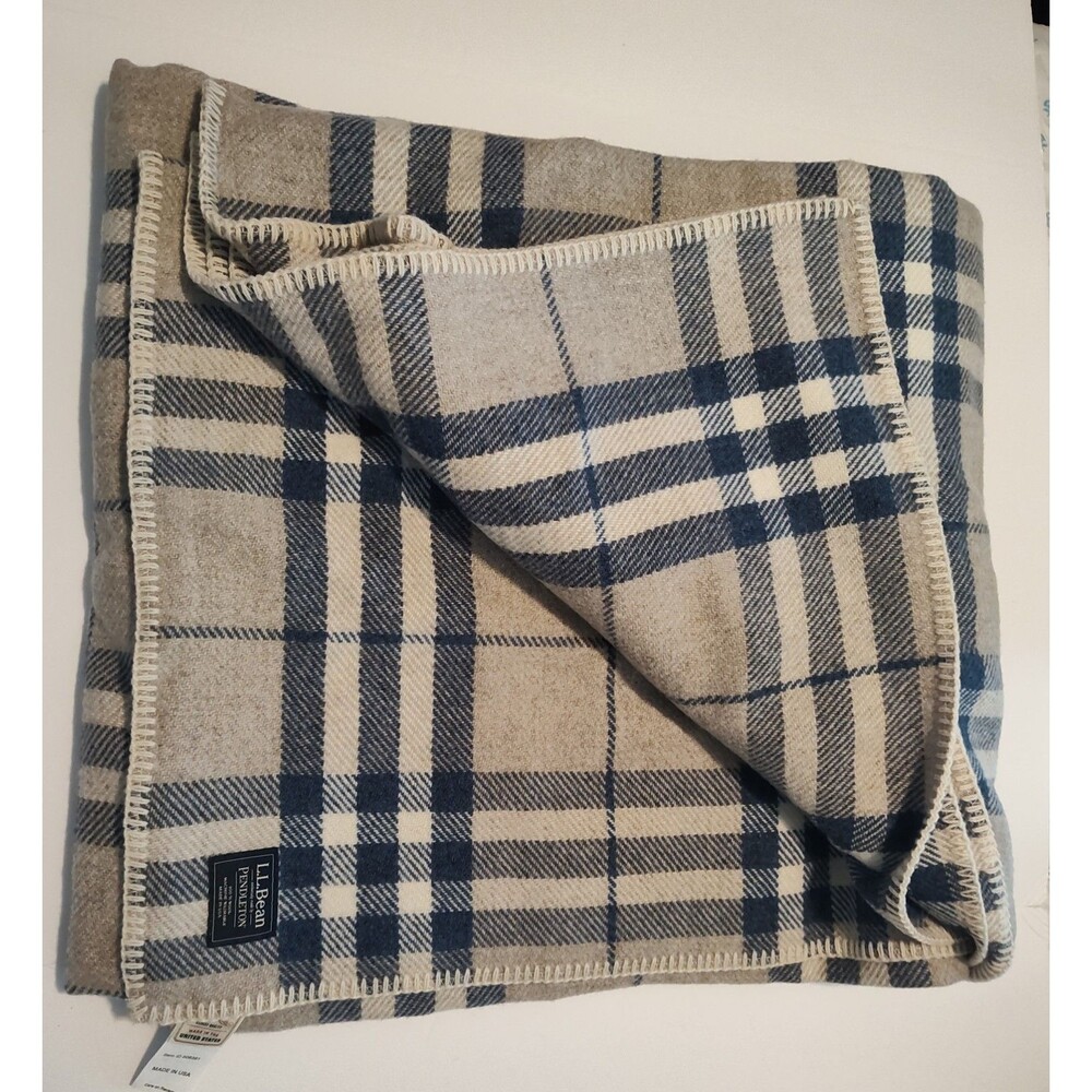 Pendleton LL Bean Washable Wool Full Size Blanket Blue Tan Cream 80” x 90” Plaid